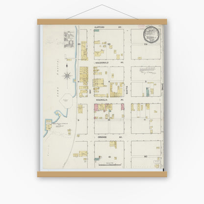 Old map wall art mockup — magnetic wood frame on white wall — Sanborn Fire Insurance Map from Eustis, Lake County, Florida (1890), Sheet #0001
