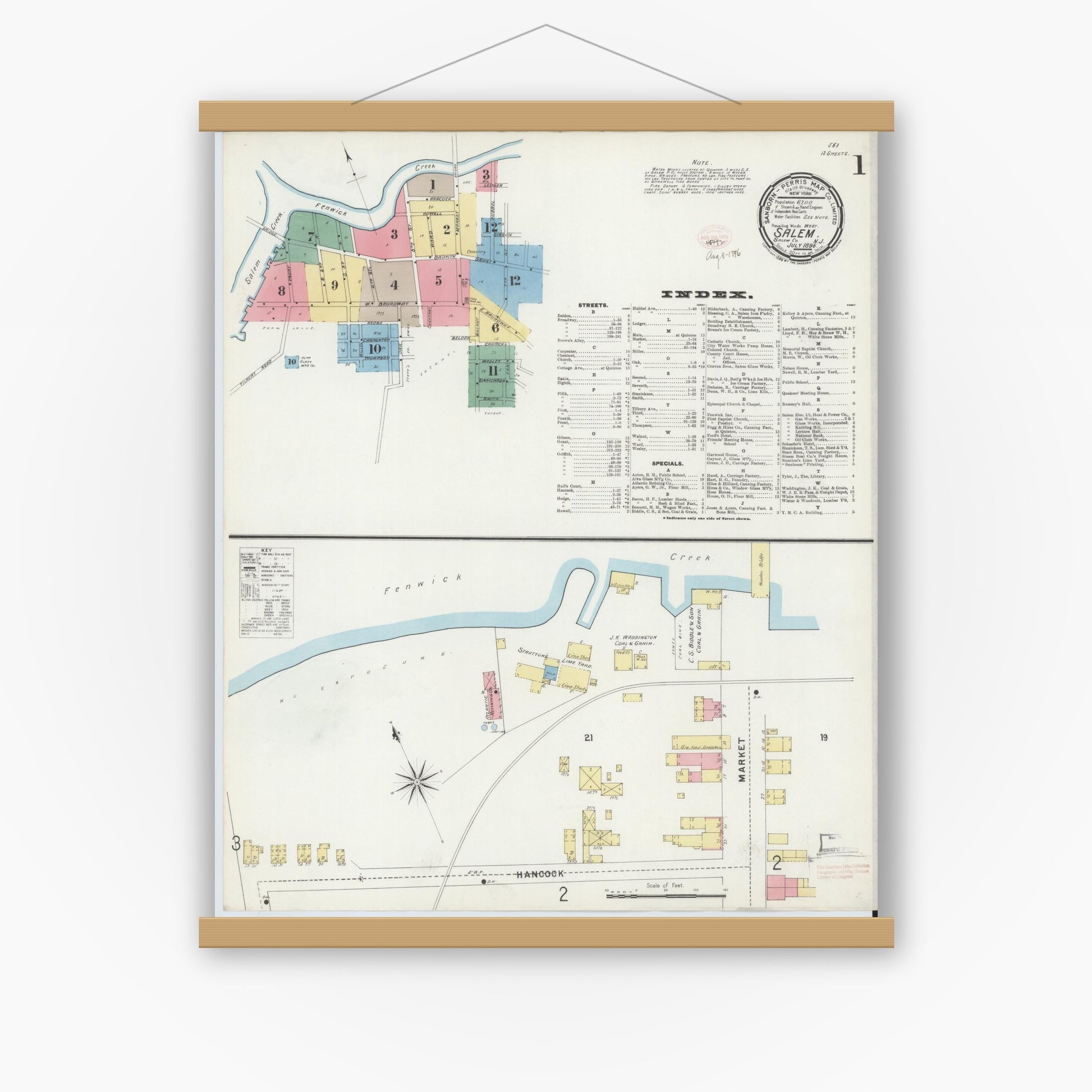 Old map wall art mockup — magnetic wood frame on white wall — Sanborn Fire Insurance Map from Salem, Salem County, New Jersey (1896) - Complete Map Set