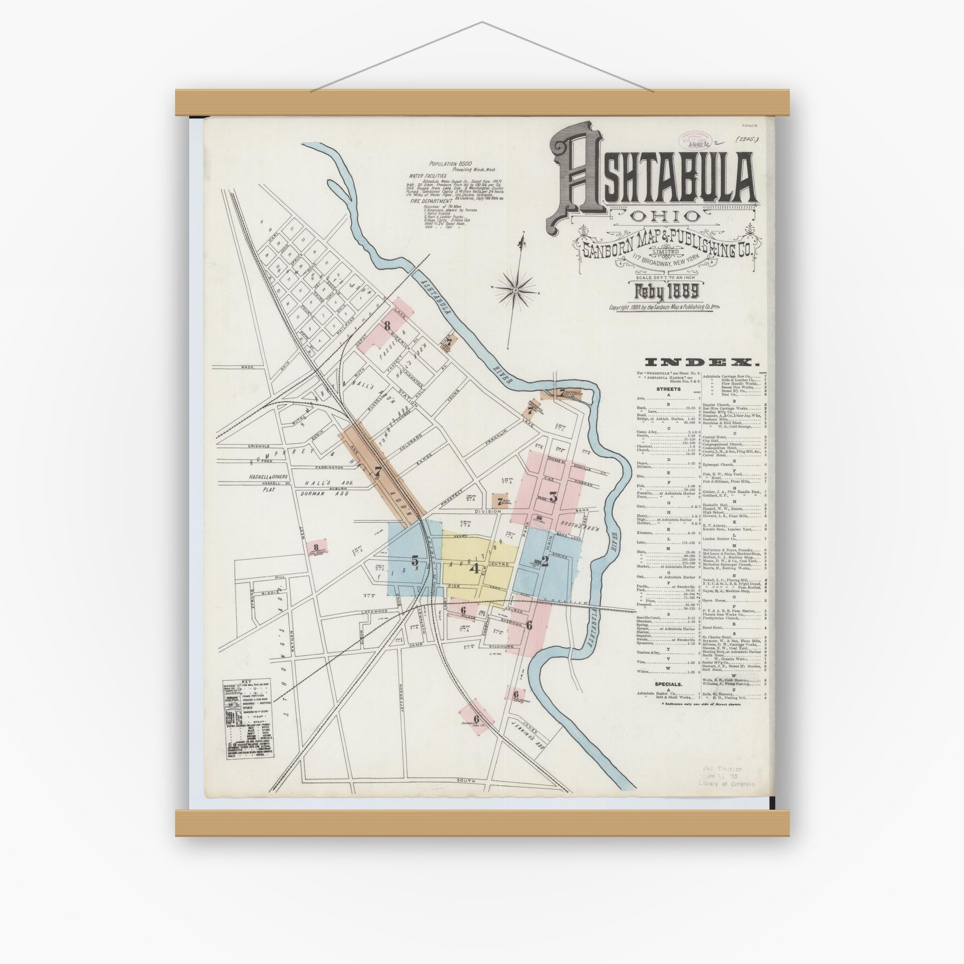 Old map wall art mockup — magnetic wood frame on white wall — Sanborn Fire Insurance Map from Ashtabula, Ashtabula County, Ohio (1889), Sheet #0001