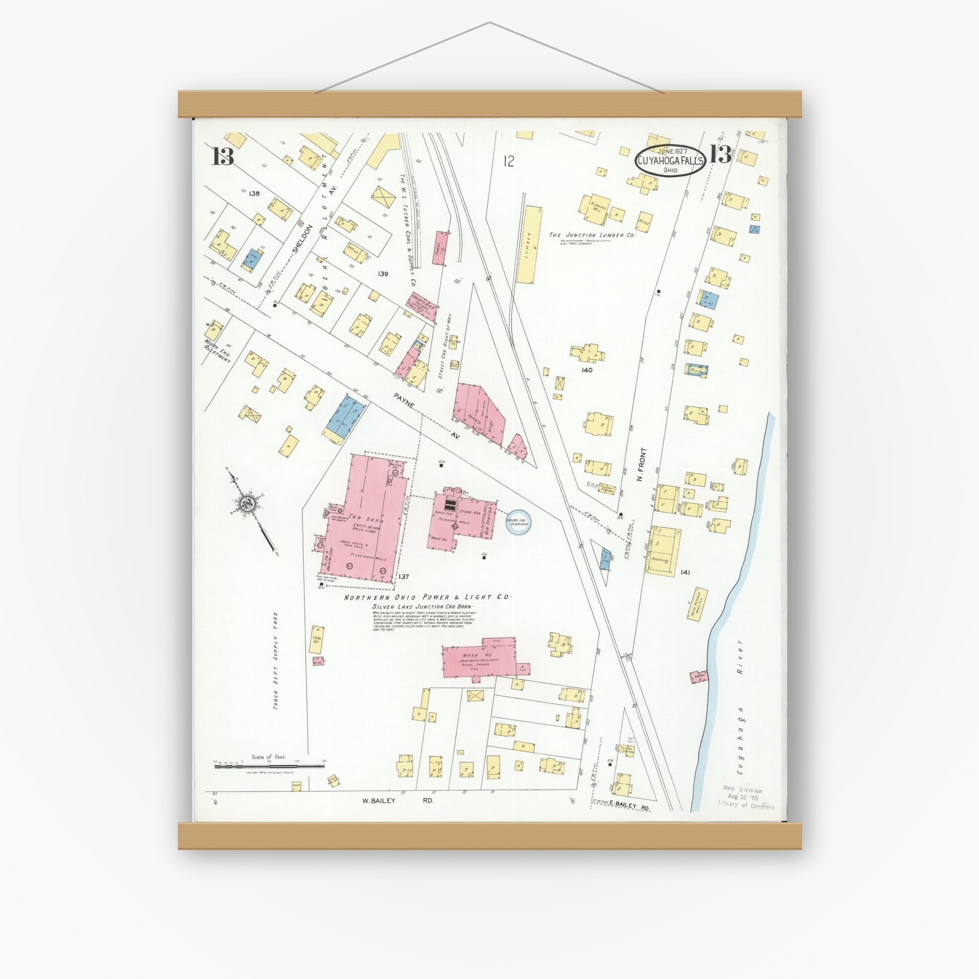 Old map wall art mockup — magnetic wood frame on white wall — Sanborn Fire Insurance Map from Cuyahoga Falls, Summit County, Ohio (1927), Sheet #0013