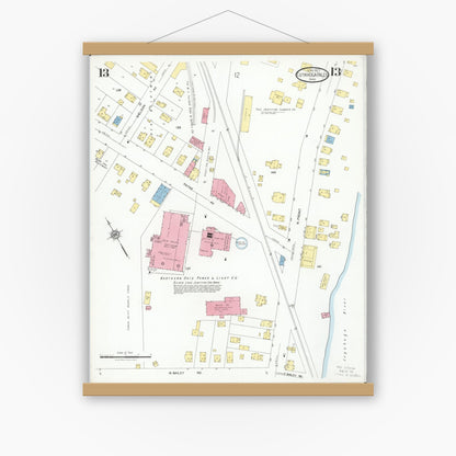 Old map wall art mockup — magnetic wood frame on white wall — Sanborn Fire Insurance Map from Cuyahoga Falls, Summit County, Ohio (1927), Sheet #0013
