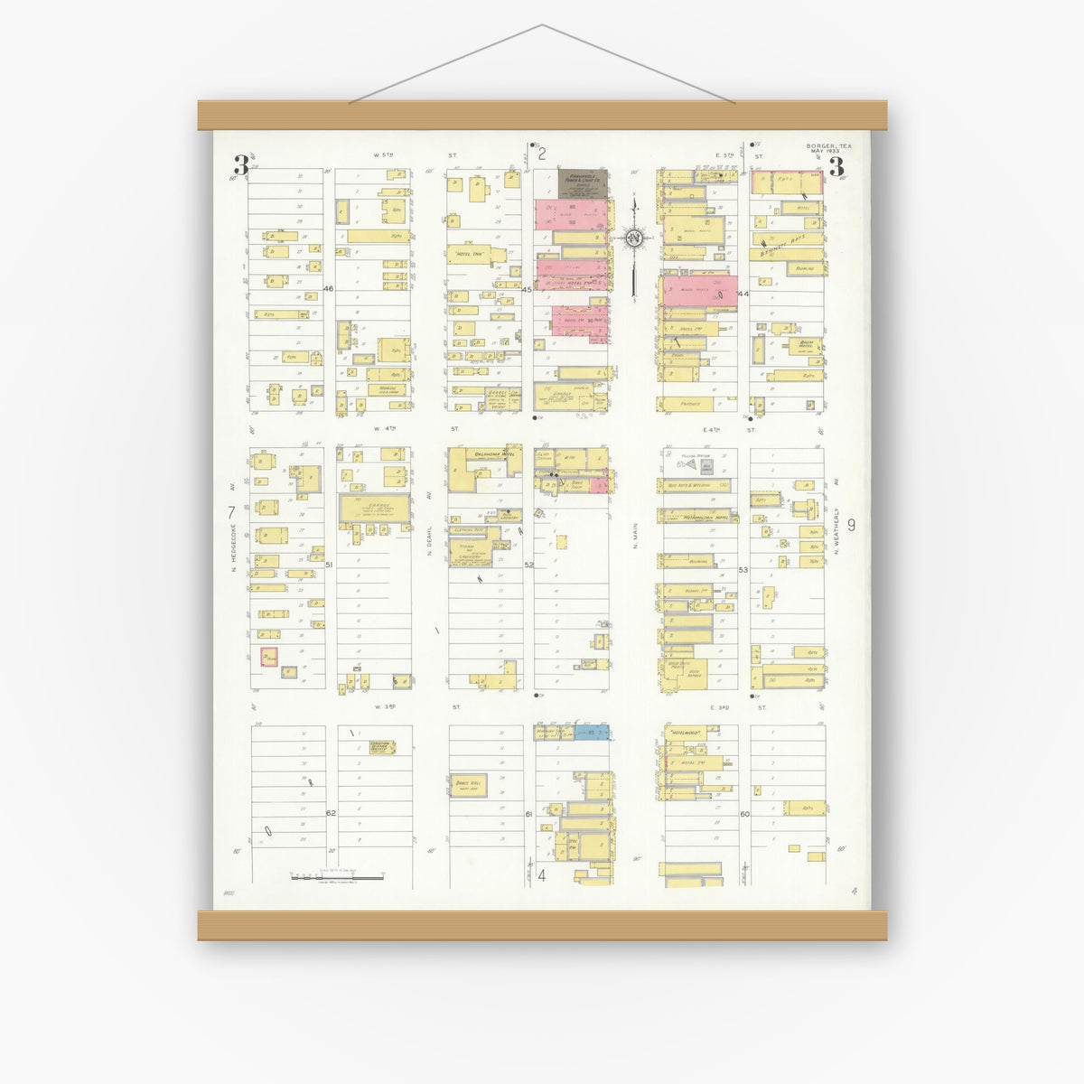Old map wall art mockup — magnetic wood frame on white wall — Sanborn Fire Insurance Map from Borger, Hutchinson County, Texas (1933), Sheet #0003