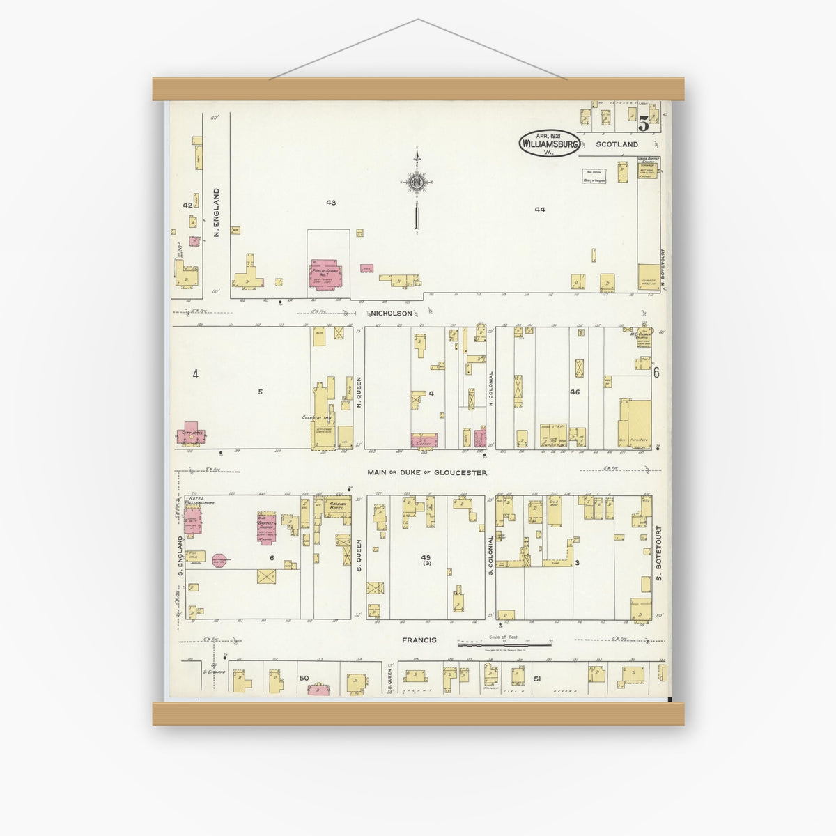 Old map wall art mockup — magnetic wood frame on white wall — Sanborn Fire Insurance Map from Williamsburg, Independent Cities, Virginia (1921), Sheet #0005