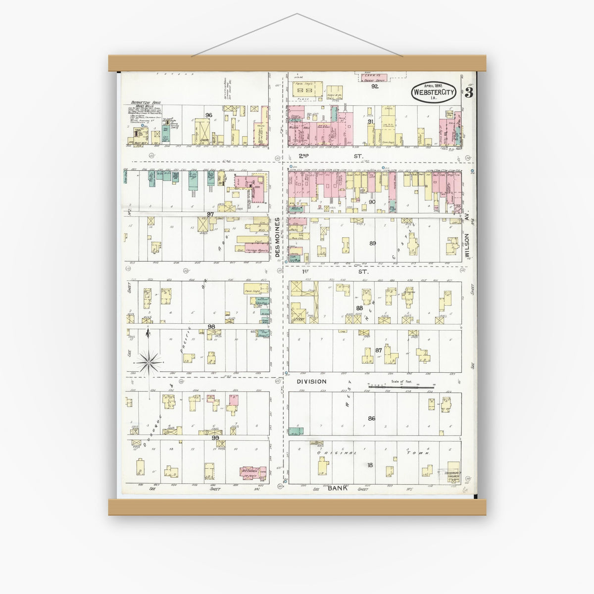 Old map wall art mockup — magnetic wood frame on white wall — Sanborn Fire Insurance Map from Webster City, Hamilton County, Iowa (1892), Sheet #0003