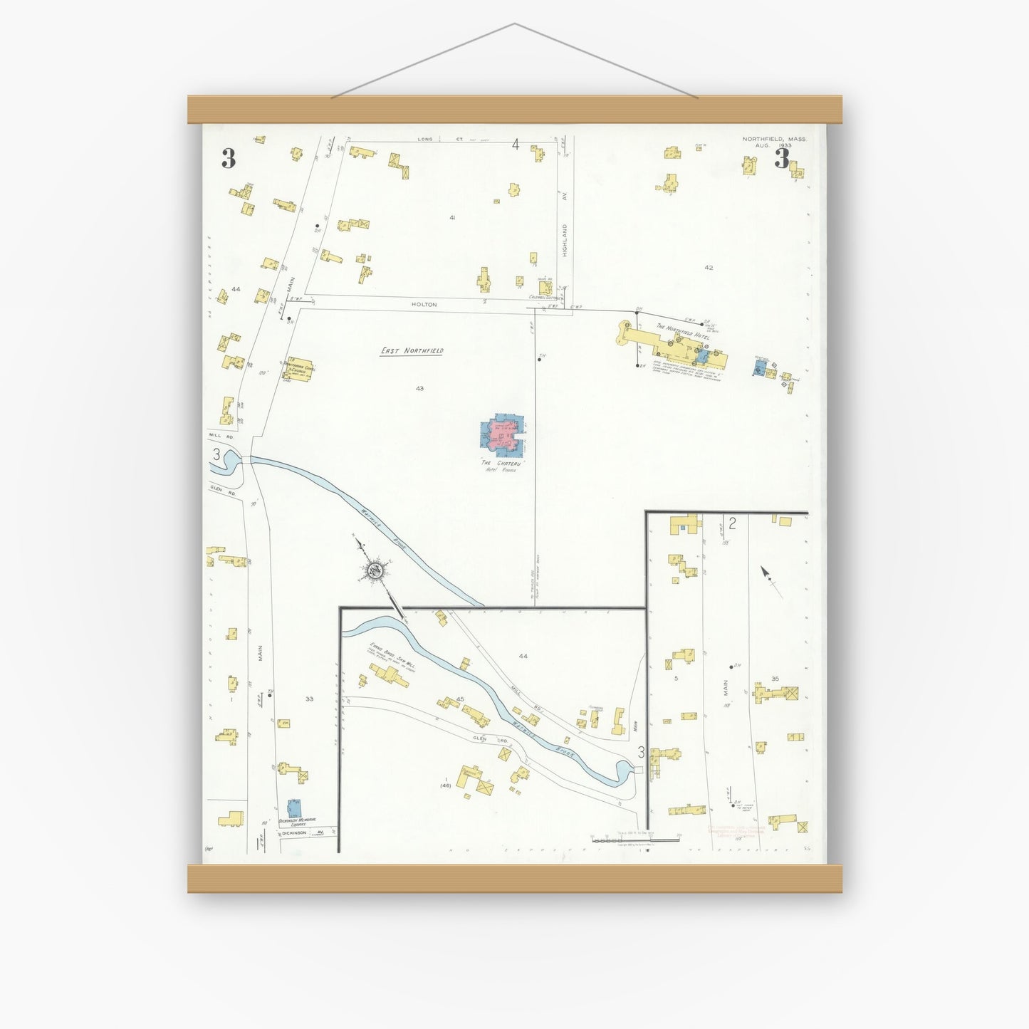 Old map wall art mockup — magnetic wood frame on white wall — Sanborn Fire Insurance Map from Northfield, Franklin County, Massachusetts (1933), Sheet #0003