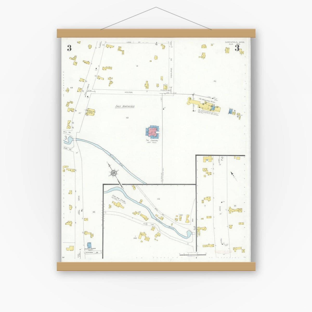 Old map wall art mockup — magnetic wood frame on white wall — Sanborn Fire Insurance Map from Northfield, Franklin County, Massachusetts (1933), Sheet #0003