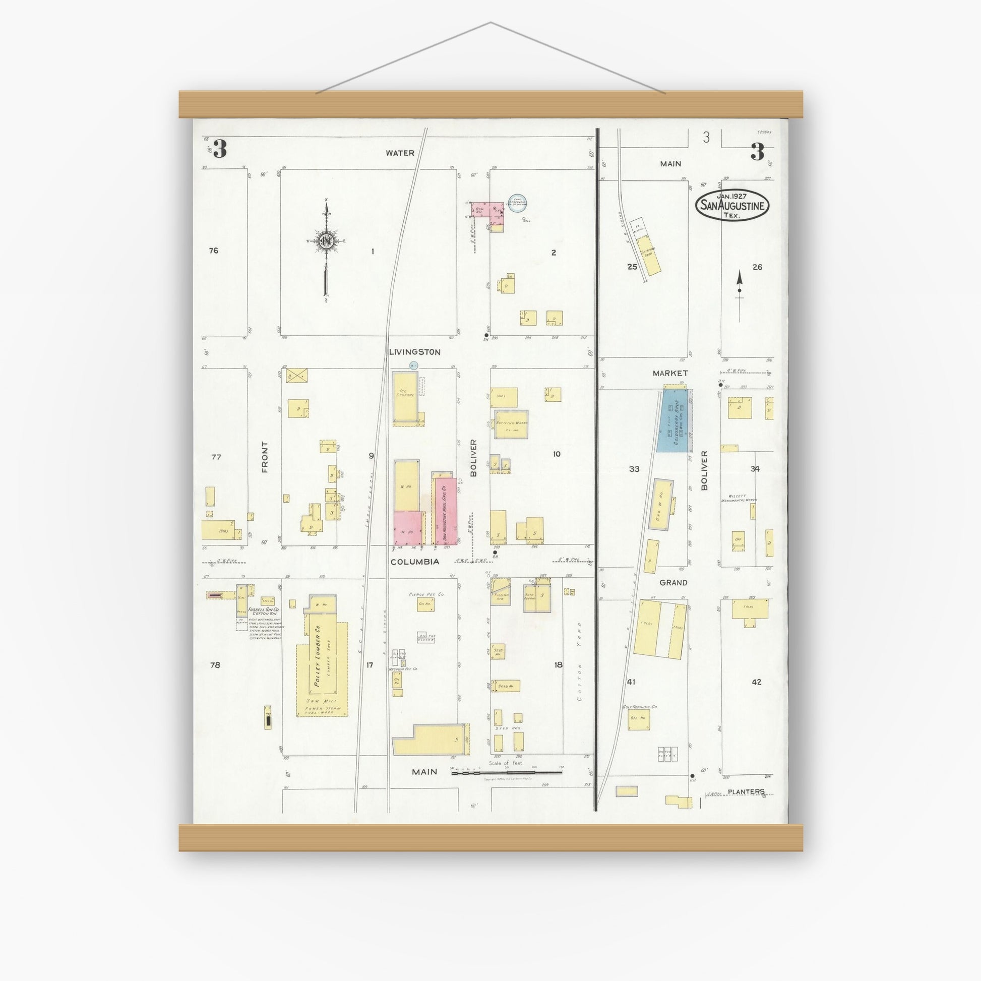 Old map wall art mockup — magnetic wood frame on white wall — Sanborn Fire Insurance Map from San Augustine, San Augustine County, Texas (1927), Sheet #0003