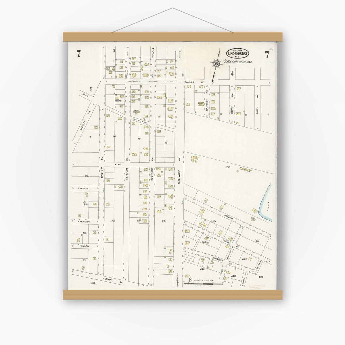Old map wall art mockup — magnetic wood frame on white wall — Sanborn Fire Insurance Map from Lindenhurst, Suffolk County, New York (1925), Sheet #0007