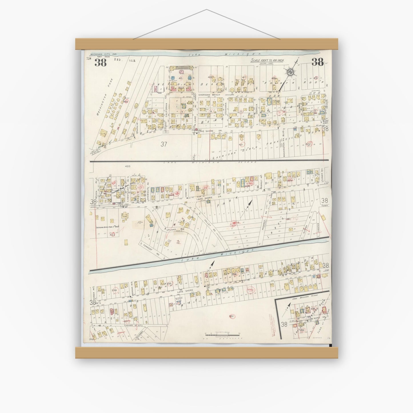 Old map wall art mockup — magnetic wood frame on white wall — Sanborn Fire Insurance Map from Michigan City, La Porte County, Indiana (1948), Sheet #0038