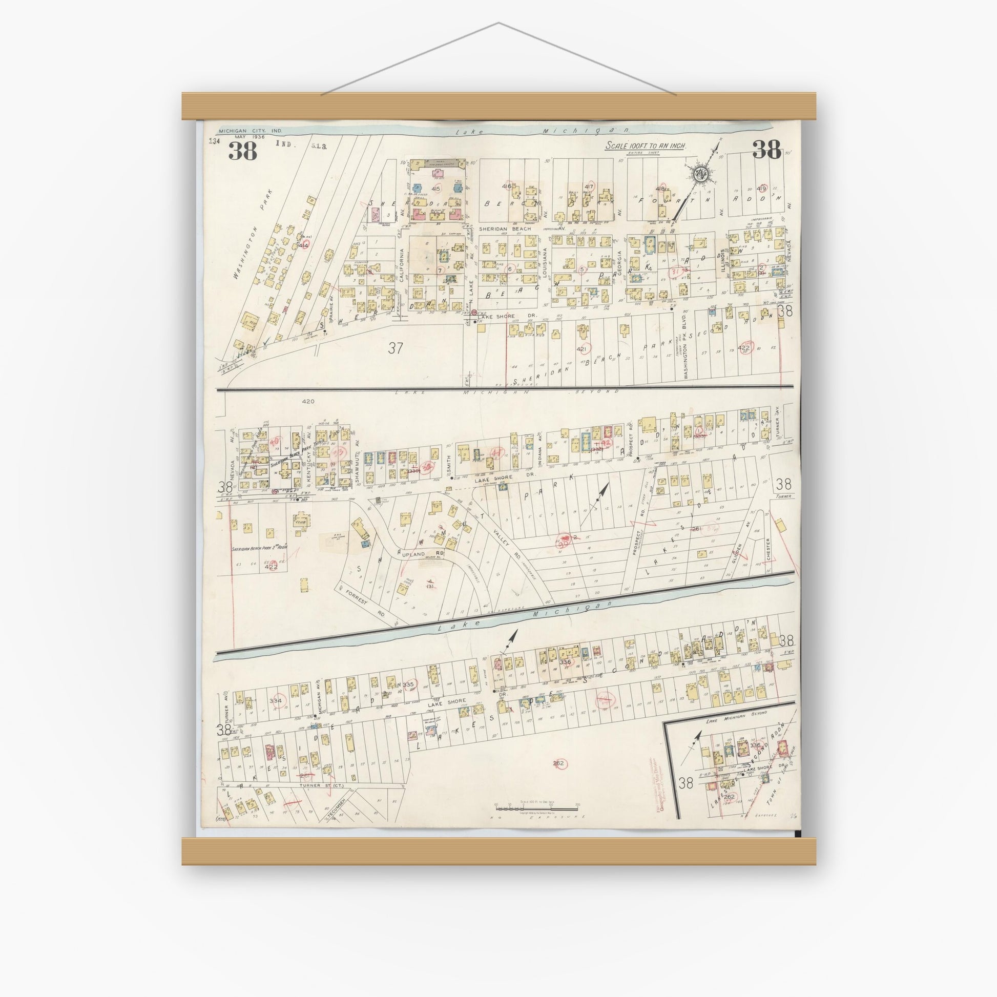 Old map wall art mockup — magnetic wood frame on white wall — Sanborn Fire Insurance Map from Michigan City, La Porte County, Indiana (1948), Sheet #0038