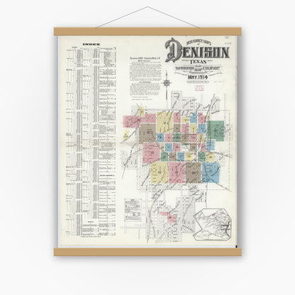 Old map wall art mockup — magnetic wood frame on white wall — Sanborn Fire Insurance Map from Denison, Grayson County, Texas (1914), Sheet #0001