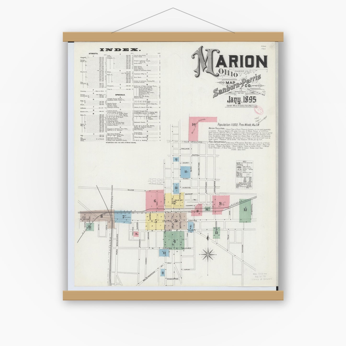 Old map wall art mockup — magnetic wood frame on white wall — Sanborn Fire Insurance Map from Marion, Marion County, Ohio (1895), Sheet #0001