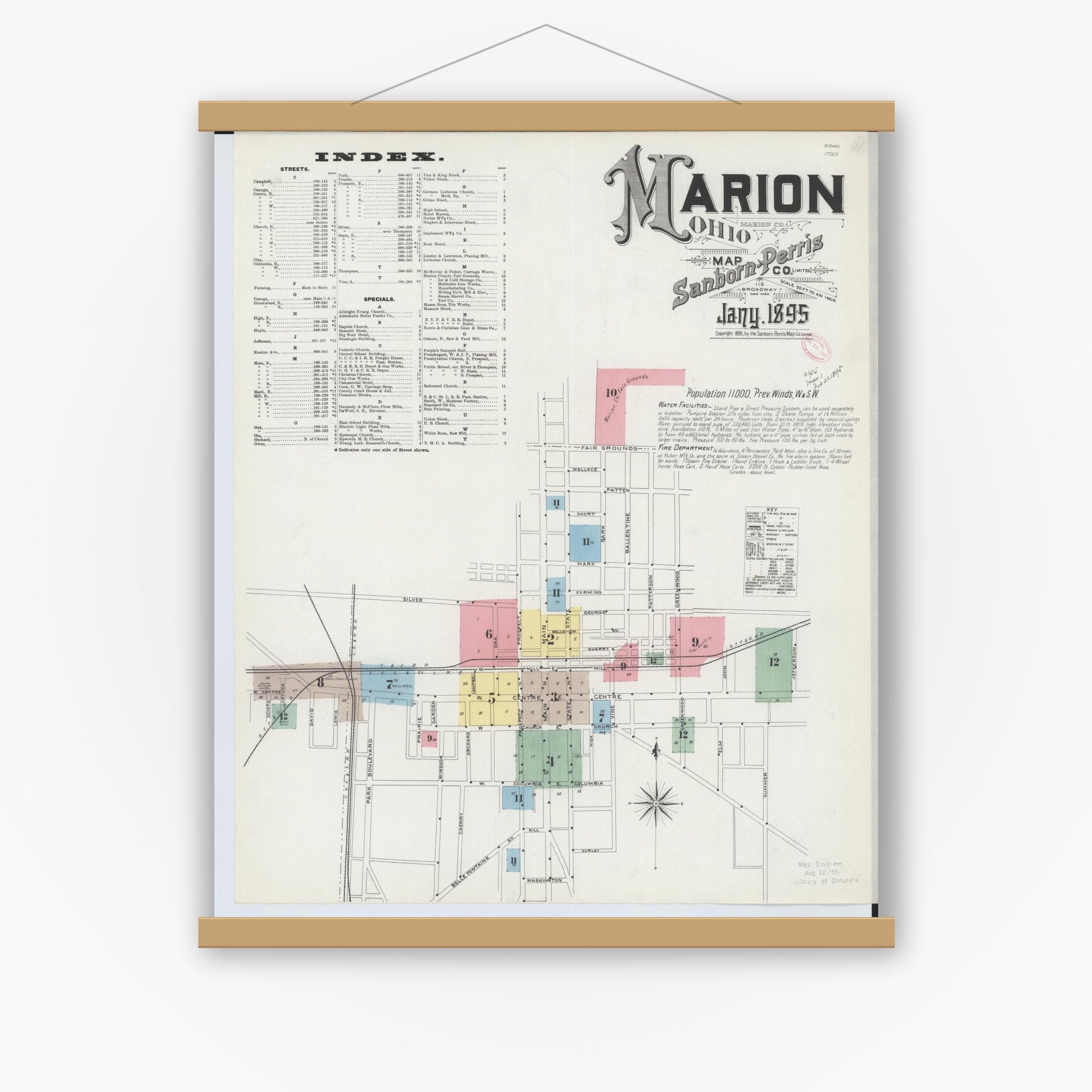 Old map wall art mockup — magnetic wood frame on white wall — Sanborn Fire Insurance Map from Marion, Marion County, Ohio (1895), Sheet #0001