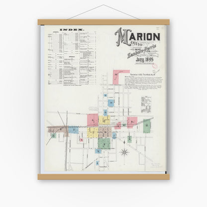Old map wall art mockup — magnetic wood frame on white wall — Sanborn Fire Insurance Map from Marion, Marion County, Ohio (1895), Sheet #0001