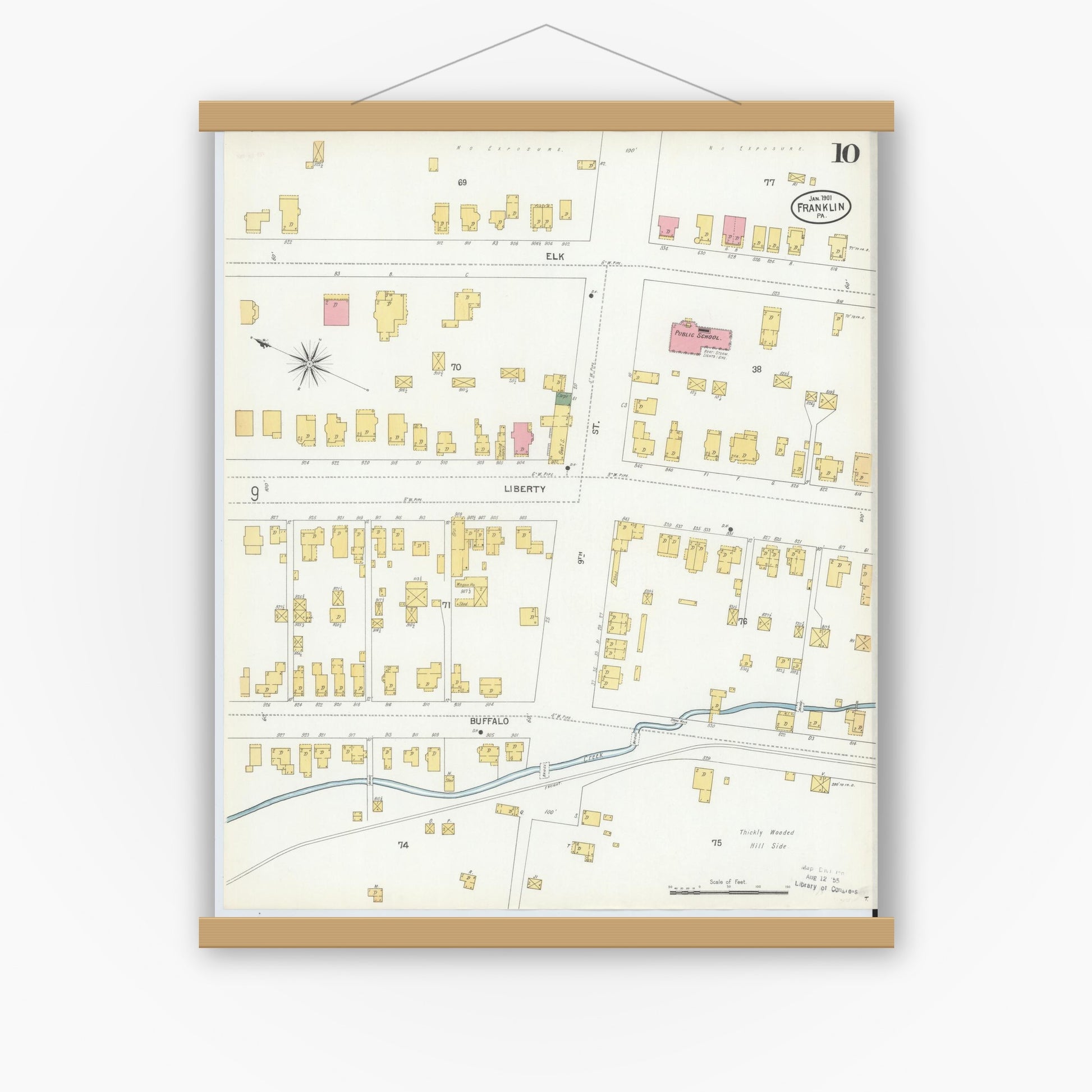 Old map wall art mockup — magnetic wood frame on white wall — Sanborn Fire Insurance Map from Franklin, Venango County, Pennsylvania (1901), Sheet #0010