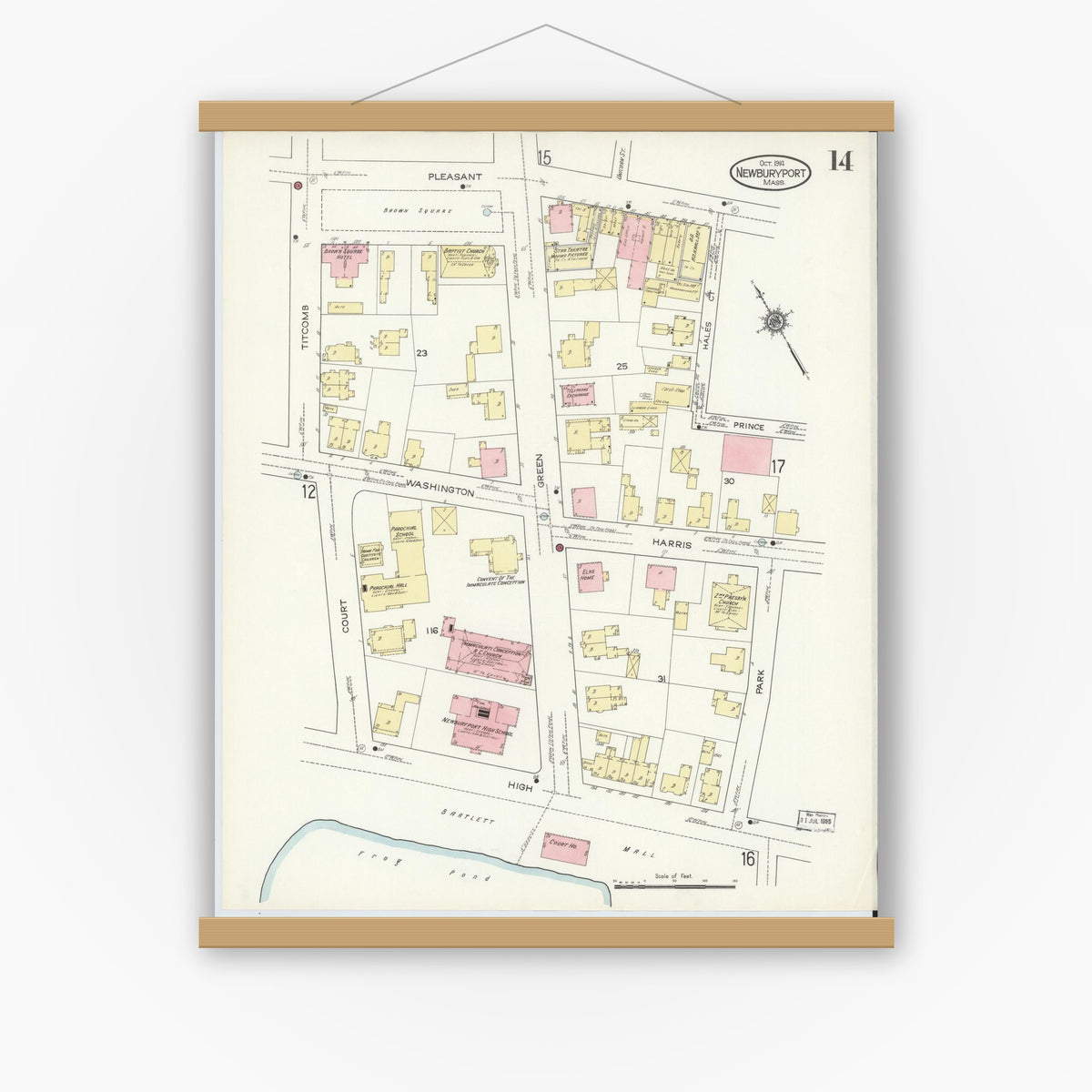 Old map wall art mockup — magnetic wood frame on white wall — Sanborn Fire Insurance Map from Newburyport, Essex County, Massachusetts (1914), Sheet #0014