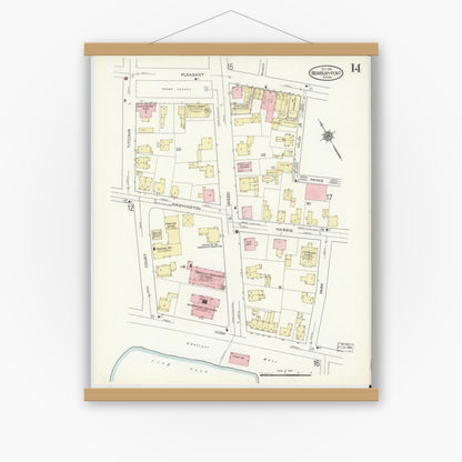 Old map wall art mockup — magnetic wood frame on white wall — Sanborn Fire Insurance Map from Newburyport, Essex County, Massachusetts (1914), Sheet #0014