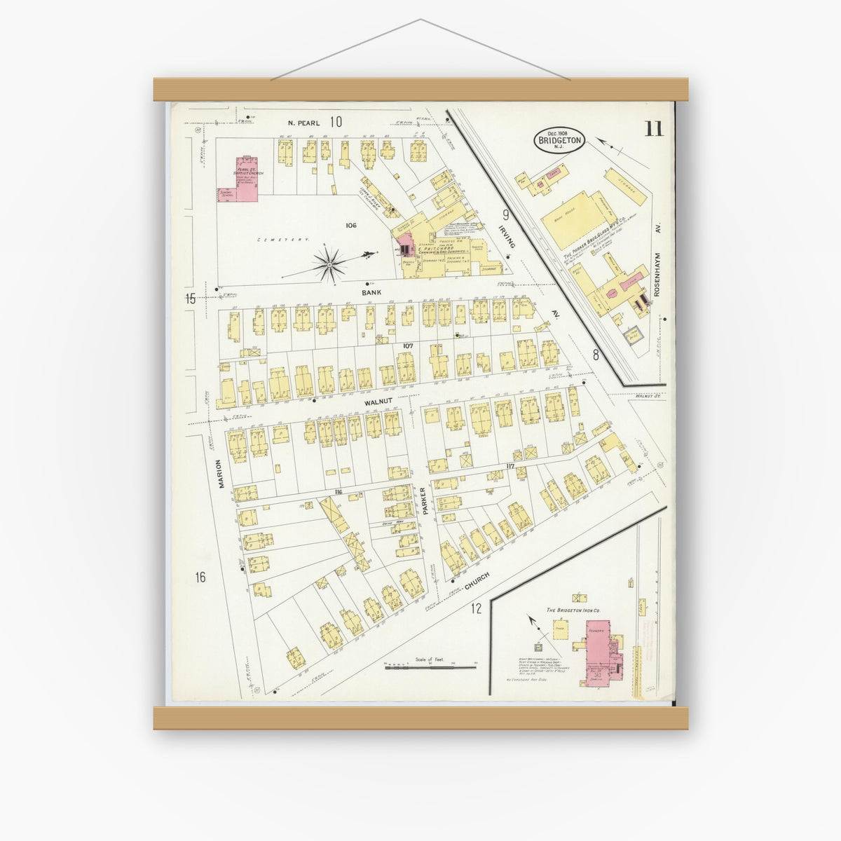 Old map wall art mockup — magnetic wood frame on white wall — Sanborn Fire Insurance Map from Bridgeton, Cumberland County, New Jersey (1908), Sheet #0011