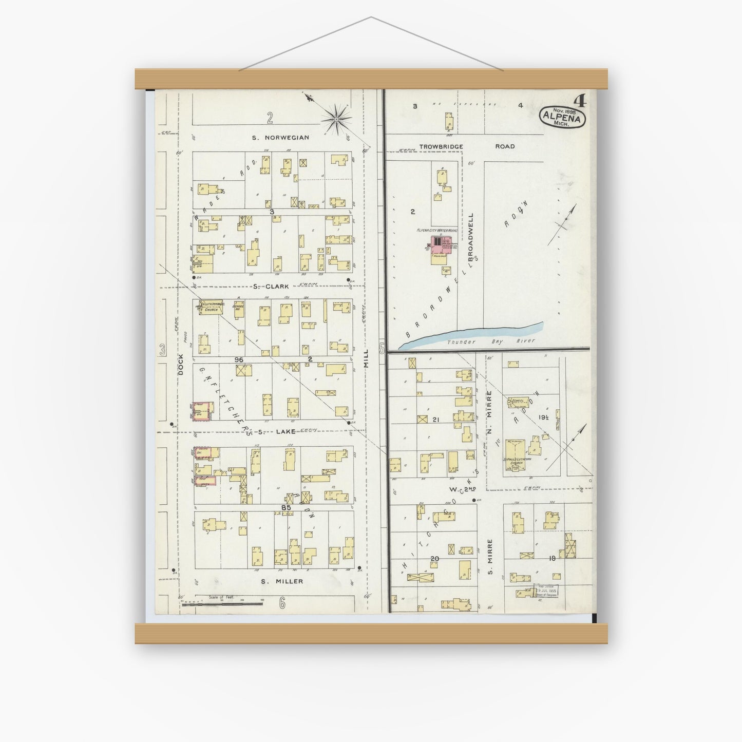 Old map wall art mockup — magnetic wood frame on white wall — Sanborn Fire Insurance Map from Alpena, Alpena County, Michigan (1895), Sheet #0004