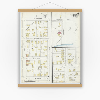 Old map wall art mockup — magnetic wood frame on white wall — Sanborn Fire Insurance Map from Alpena, Alpena County, Michigan (1895), Sheet #0004