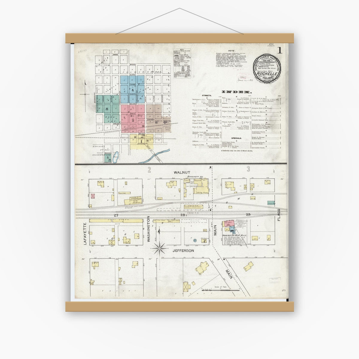 Old map wall art mockup — magnetic wood frame on white wall — Sanborn Fire Insurance Map from Rochelle, Ogle County, Illinois (1893), Sheet #0001