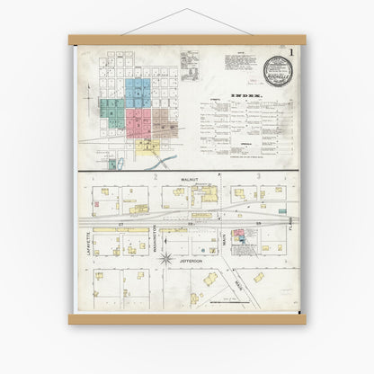 Old map wall art mockup — magnetic wood frame on white wall — Sanborn Fire Insurance Map from Rochelle, Ogle County, Illinois (1893), Sheet #0001