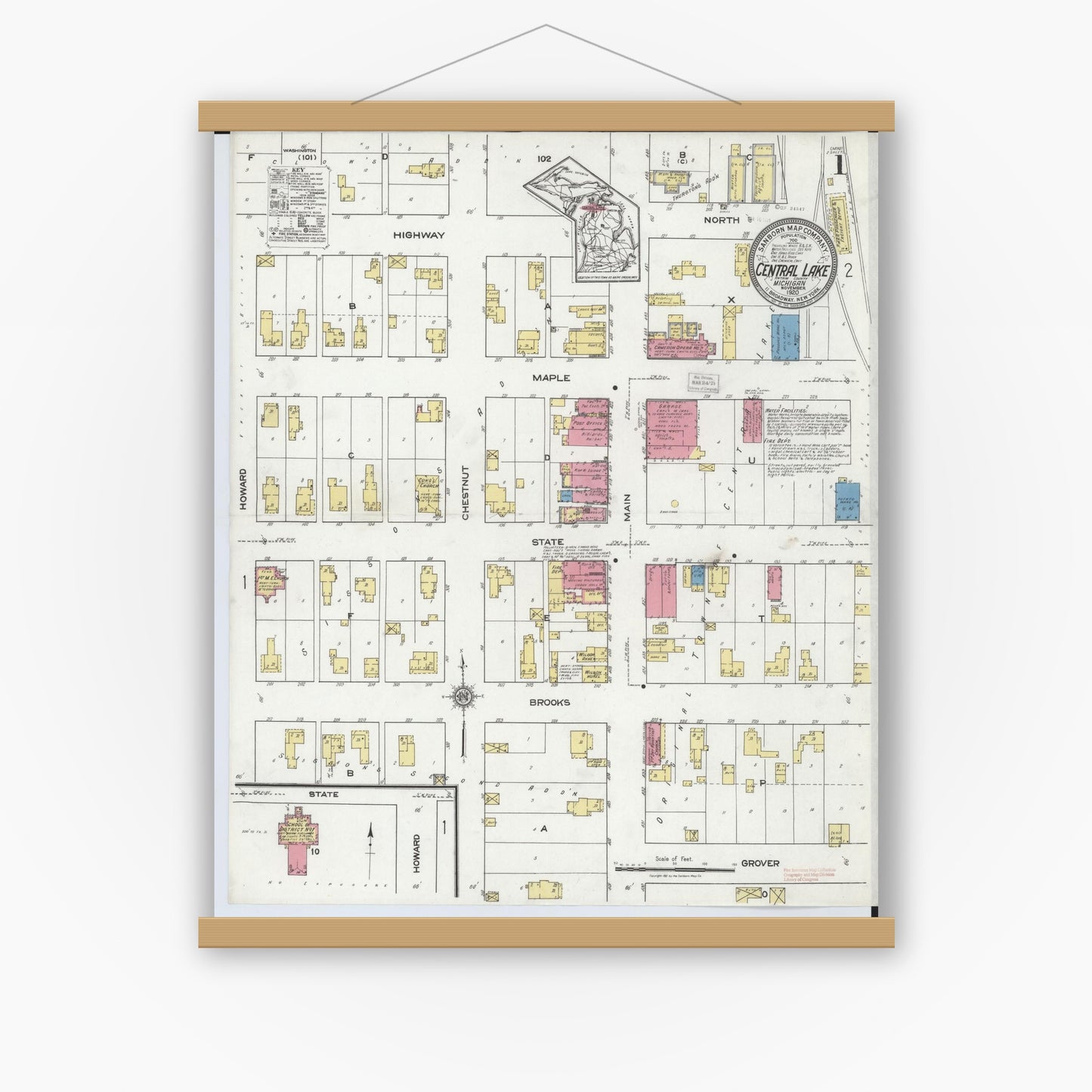 Old map wall art mockup — magnetic wood frame on white wall — Sanborn Fire Insurance Map from Central Lake, Antrim County, Michigan (1920), Sheet #0001