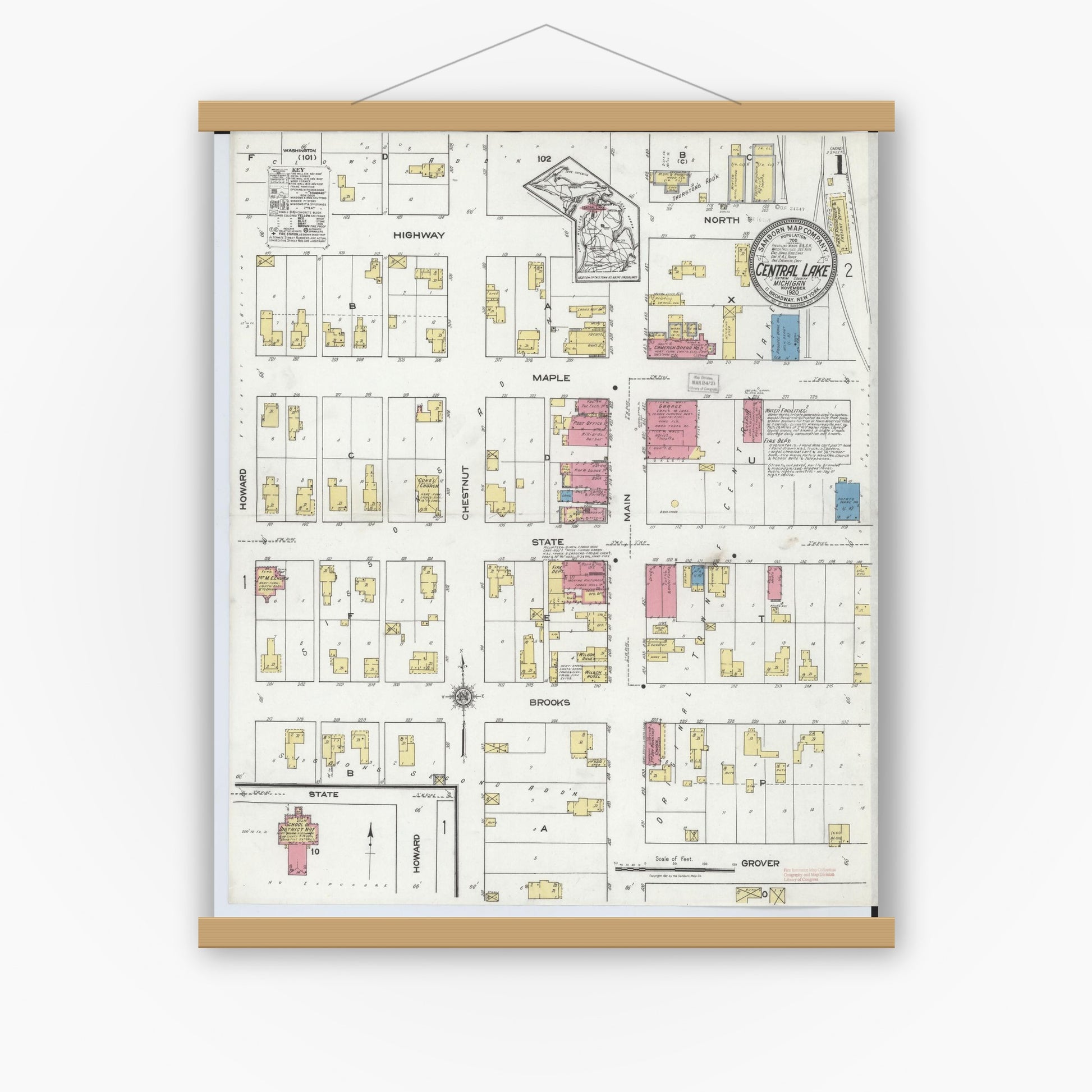 Old map wall art mockup — magnetic wood frame on white wall — Sanborn Fire Insurance Map from Central Lake, Antrim County, Michigan (1920), Sheet #0001