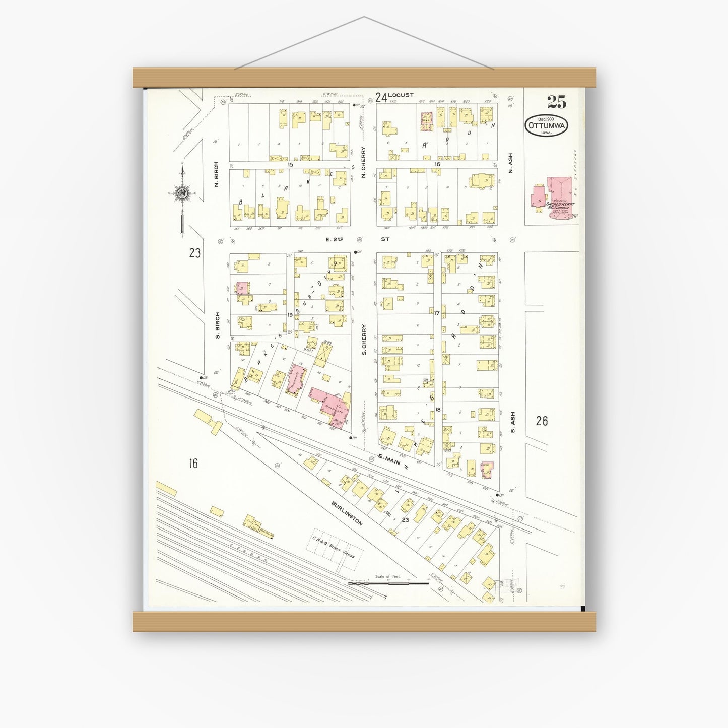Old map wall art mockup — magnetic wood frame on white wall — Sanborn Fire Insurance Map from Ottumwa, Wapello County, Iowa (1909), Sheet #0025