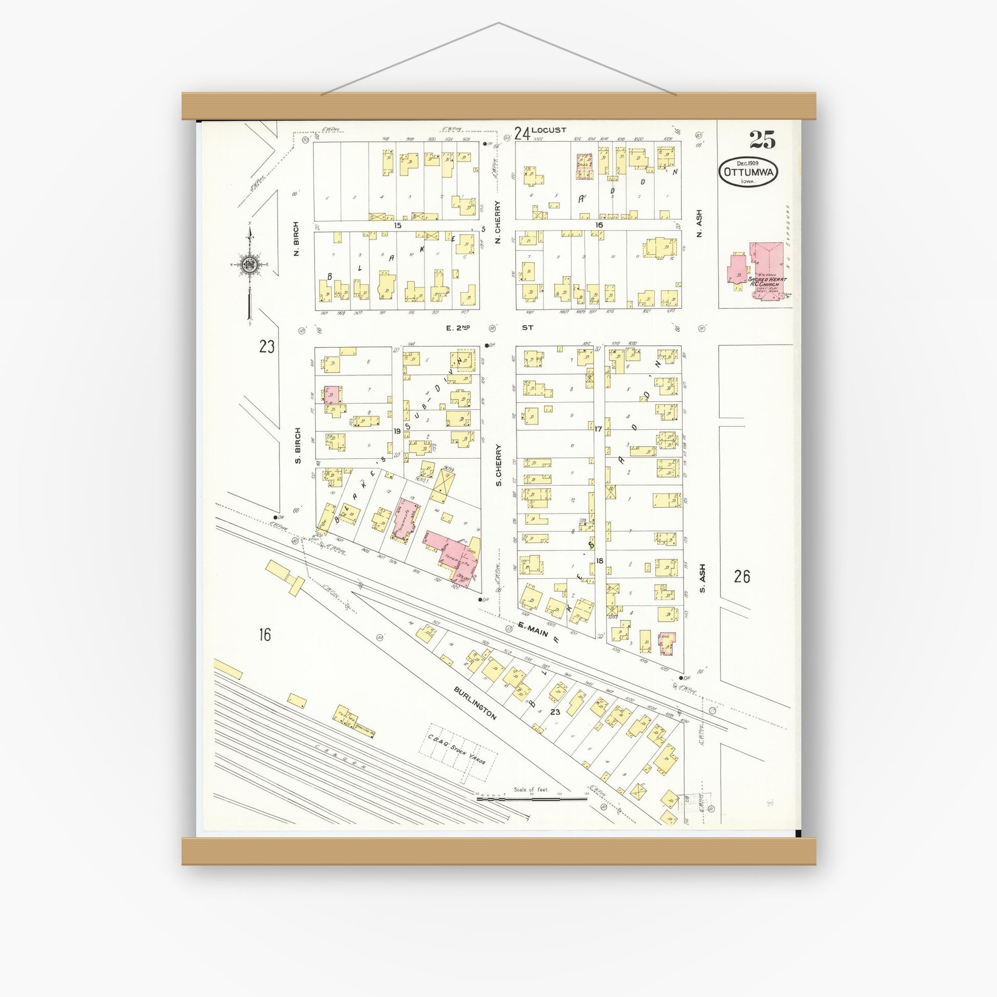 Old map wall art mockup — magnetic wood frame on white wall — Sanborn Fire Insurance Map from Ottumwa, Wapello County, Iowa (1909), Sheet #0025