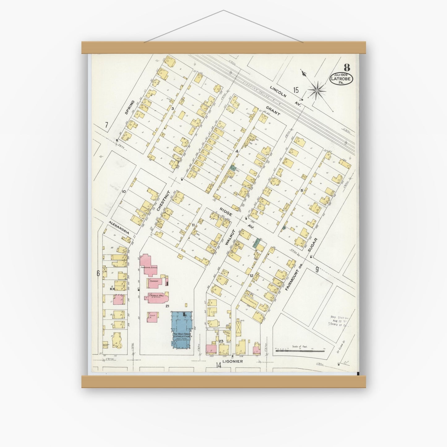 Old map wall art mockup — magnetic wood frame on white wall — Sanborn Fire Insurance Map from Latrobe, Westmoreland County, Pennsylvania (1909), Sheet #0008