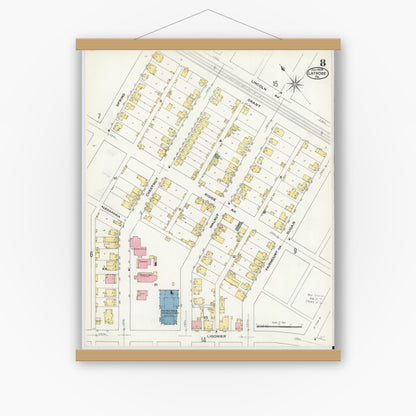 Old map wall art mockup — magnetic wood frame on white wall — Sanborn Fire Insurance Map from Latrobe, Westmoreland County, Pennsylvania (1909), Sheet #0008