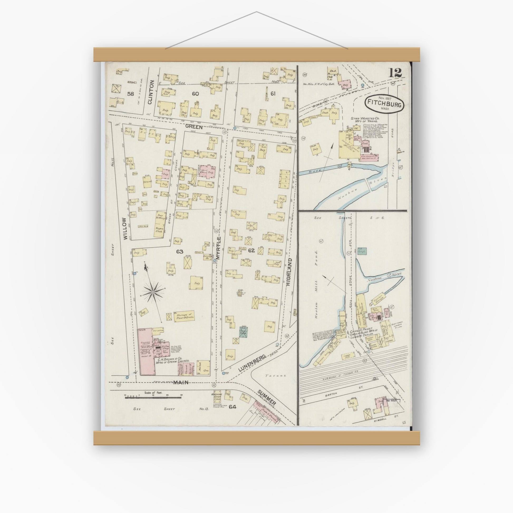 Old map wall art mockup — magnetic wood frame on white wall — Sanborn Fire Insurance Map from Fitchburg, Worcester County, Massachusetts (1887), Sheet #0012