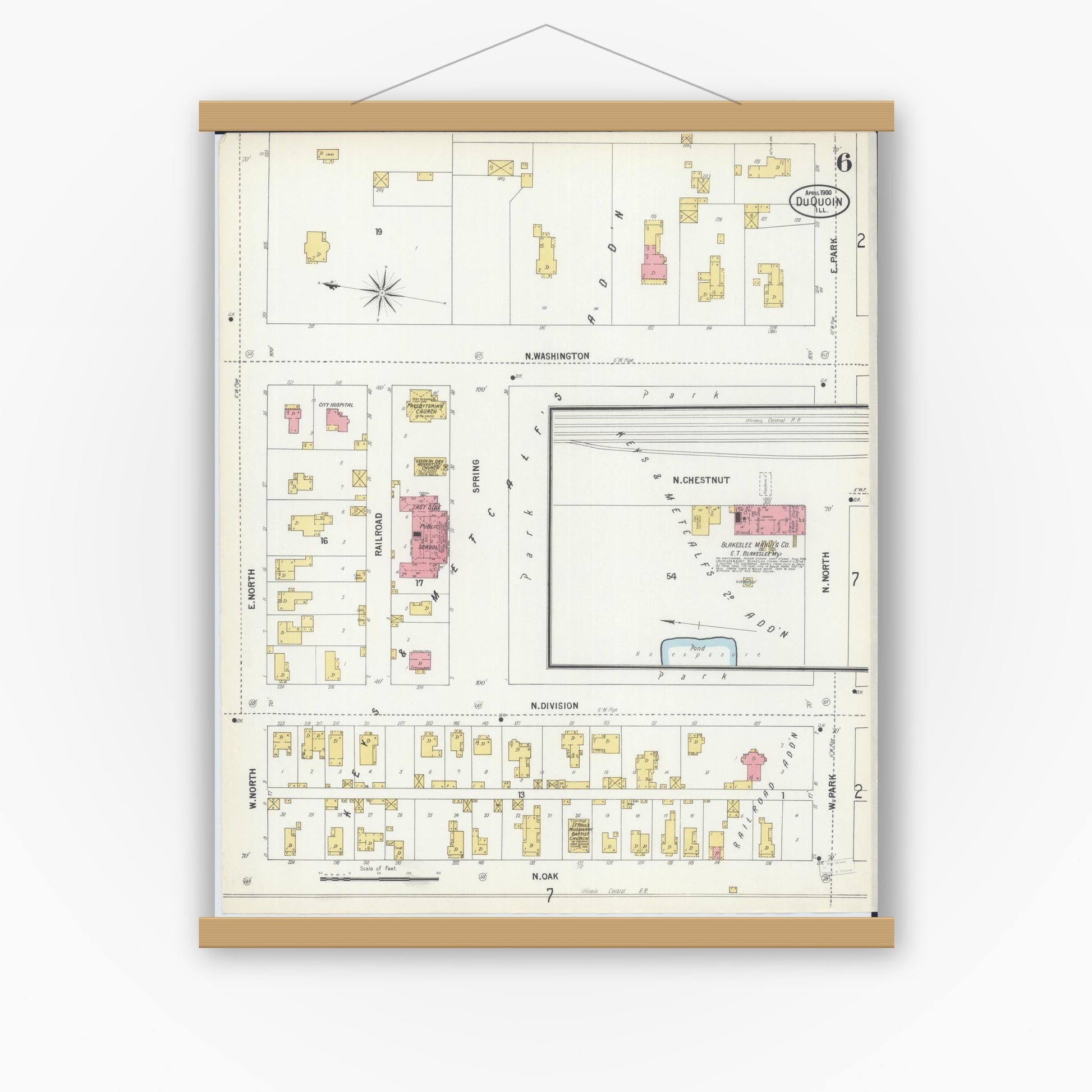 Old map wall art mockup — magnetic wood frame on white wall — Sanborn Fire Insurance Map from Du Quoin, Perry County, Illinois (1900), Sheet #0006