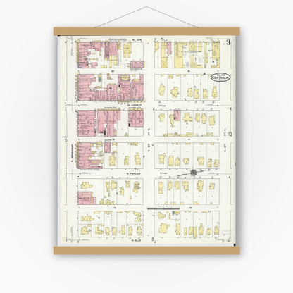 Old map wall art mockup — magnetic wood frame on white wall — Sanborn Fire Insurance Map from Centralia, Marion, Clinton, Jefferson, and Washington Counties, Illinois (1909), Sheet #0003
