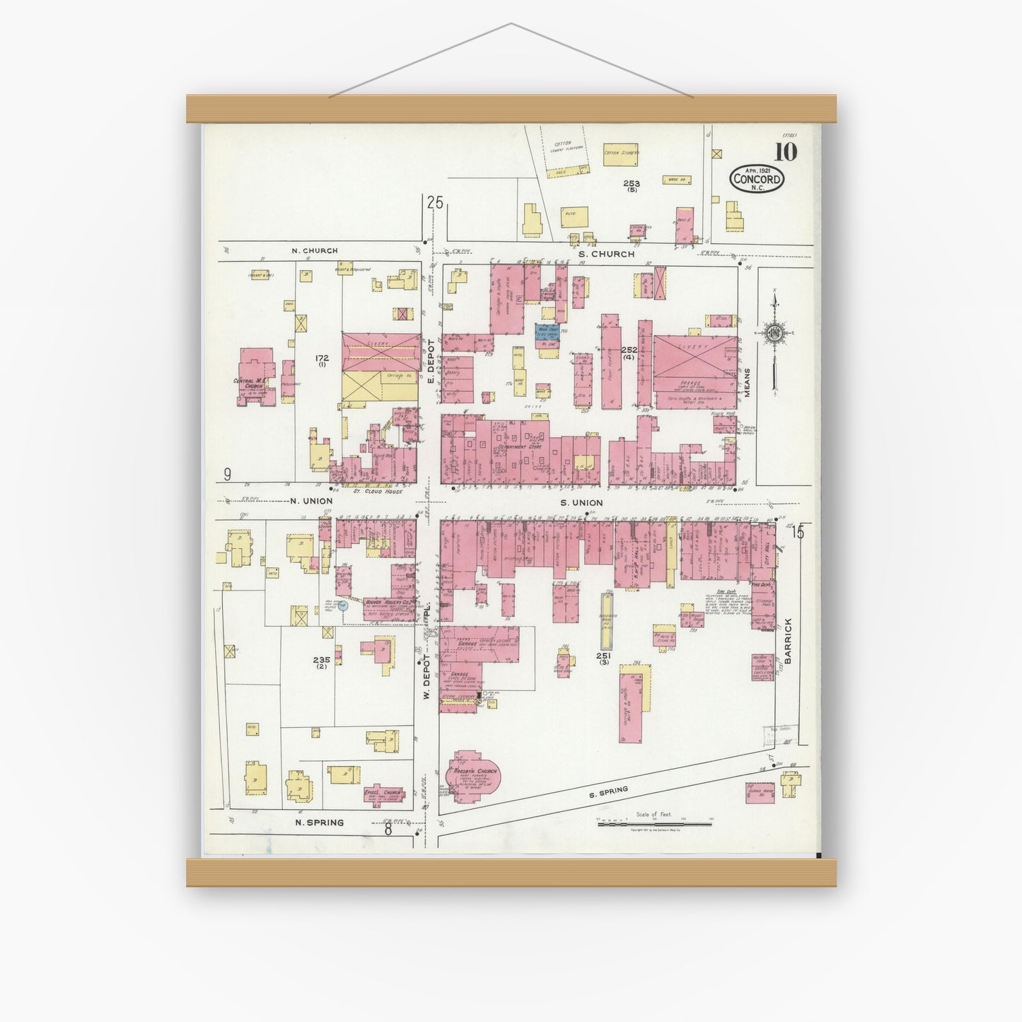 Old map wall art mockup — magnetic wood frame on white wall — Sanborn Fire Insurance Map from Concord, Cabarrus County, North Carolina (1921), Sheet #0010