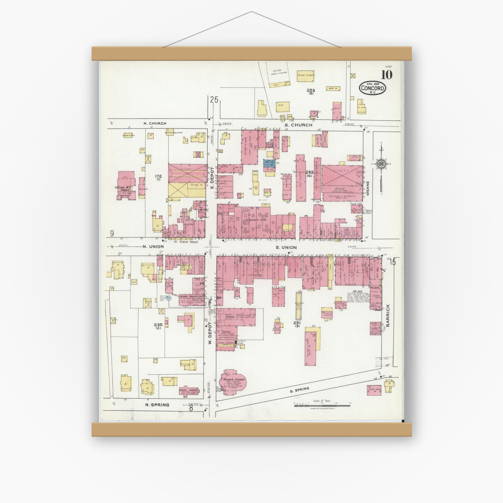 Old map wall art mockup — magnetic wood frame on white wall — Sanborn Fire Insurance Map from Concord, Cabarrus County, North Carolina (1921), Sheet #0010