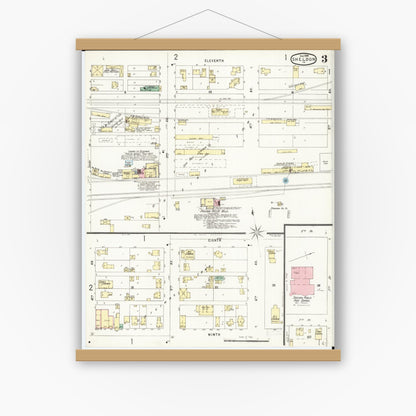 Old map wall art mockup — magnetic wood frame on white wall — Sanborn Fire Insurance Map from Sheldon, O'Brien County, Iowa (1896), Sheet #0003
