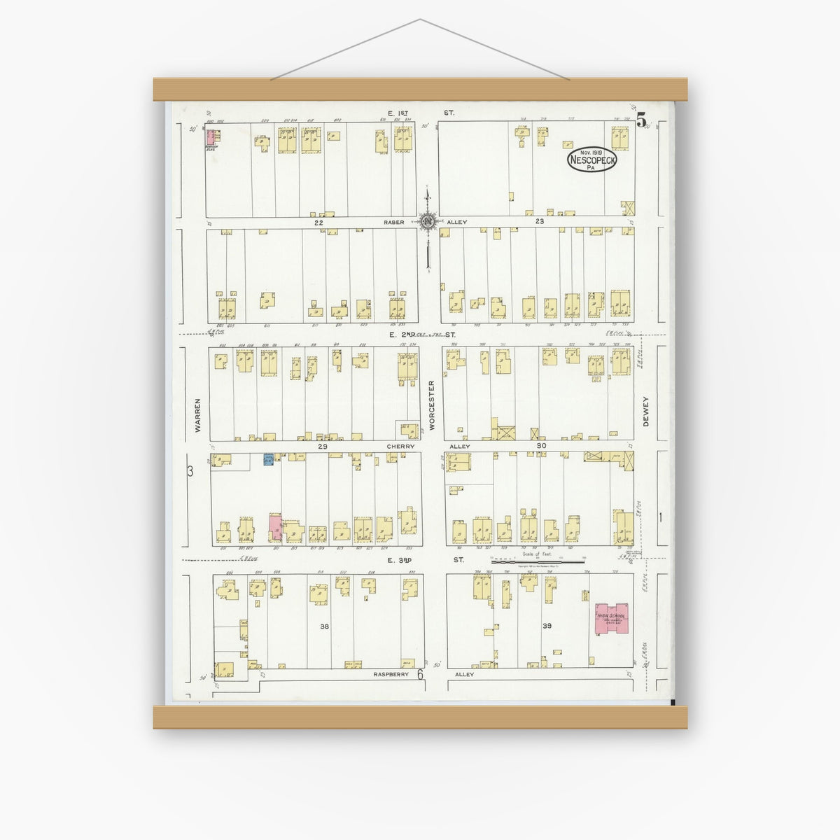 Old map wall art mockup — magnetic wood frame on white wall — Sanborn Fire Insurance Map from Nescopeck, Luzerne County, Pennsylvania (1919), Sheet #0005