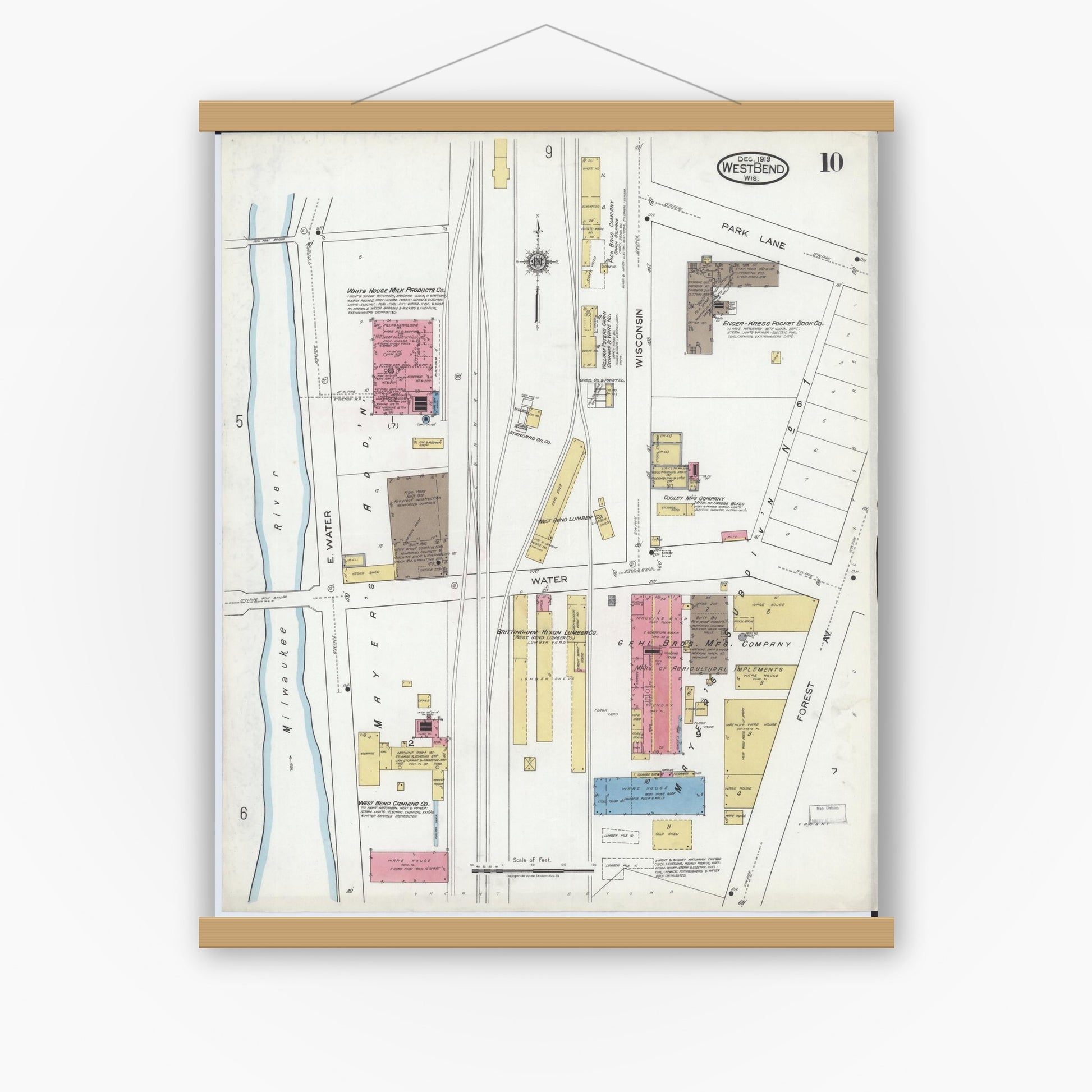 Old map wall art mockup — magnetic wood frame on white wall — Sanborn Fire Insurance Map from West Bend, Washington County, Wisconsin (1919), Sheet #0010
