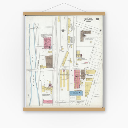 Old map wall art mockup — magnetic wood frame on white wall — Sanborn Fire Insurance Map from West Bend, Washington County, Wisconsin (1919), Sheet #0010