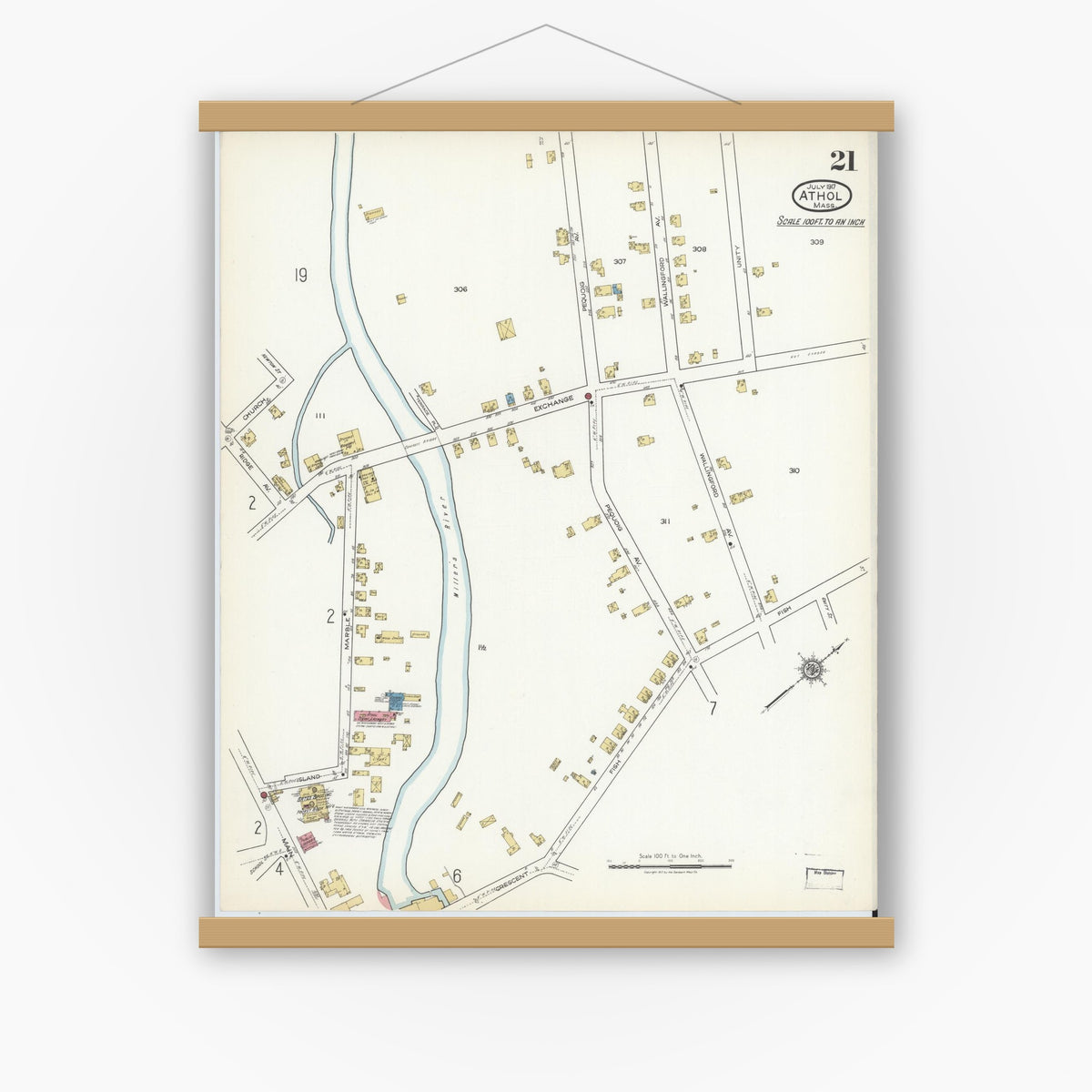 Old map wall art mockup — magnetic wood frame on white wall — Sanborn Fire Insurance Map from Athol, Worcester County, Massachusetts (1917), Sheet #0021