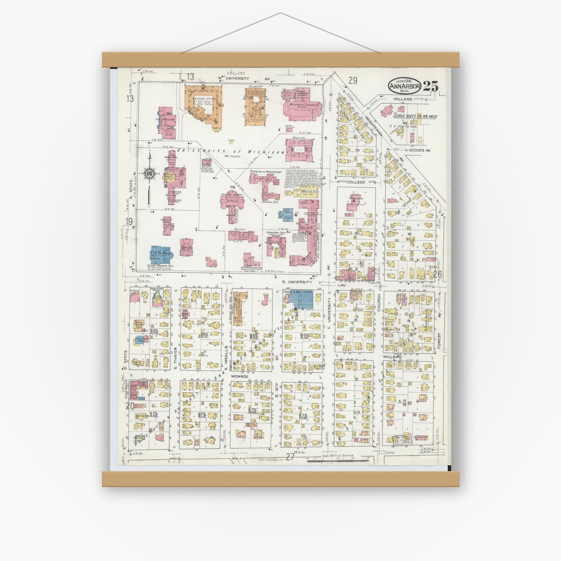 Old map wall art mockup — magnetic wood frame on white wall — Sanborn Fire Insurance Map from Ann Arbor, Washtenaw County, Michigan (1916), Sheet #0025