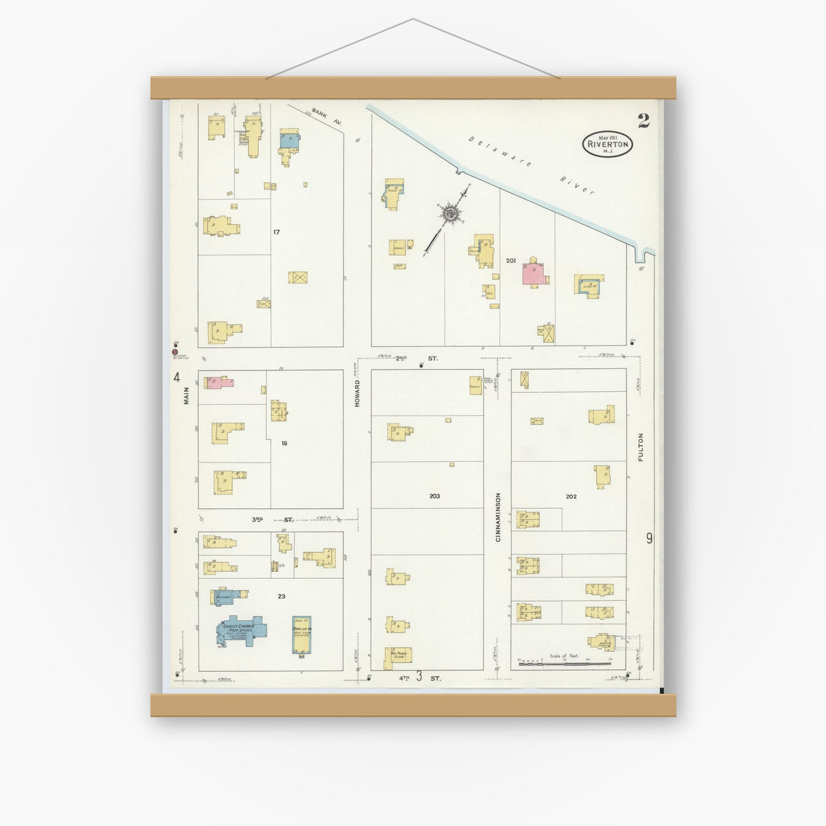 Old map wall art mockup — magnetic wood frame on white wall — Sanborn Fire Insurance Map from Riverton, Burlington County, New Jersey (1911), Sheet #0002