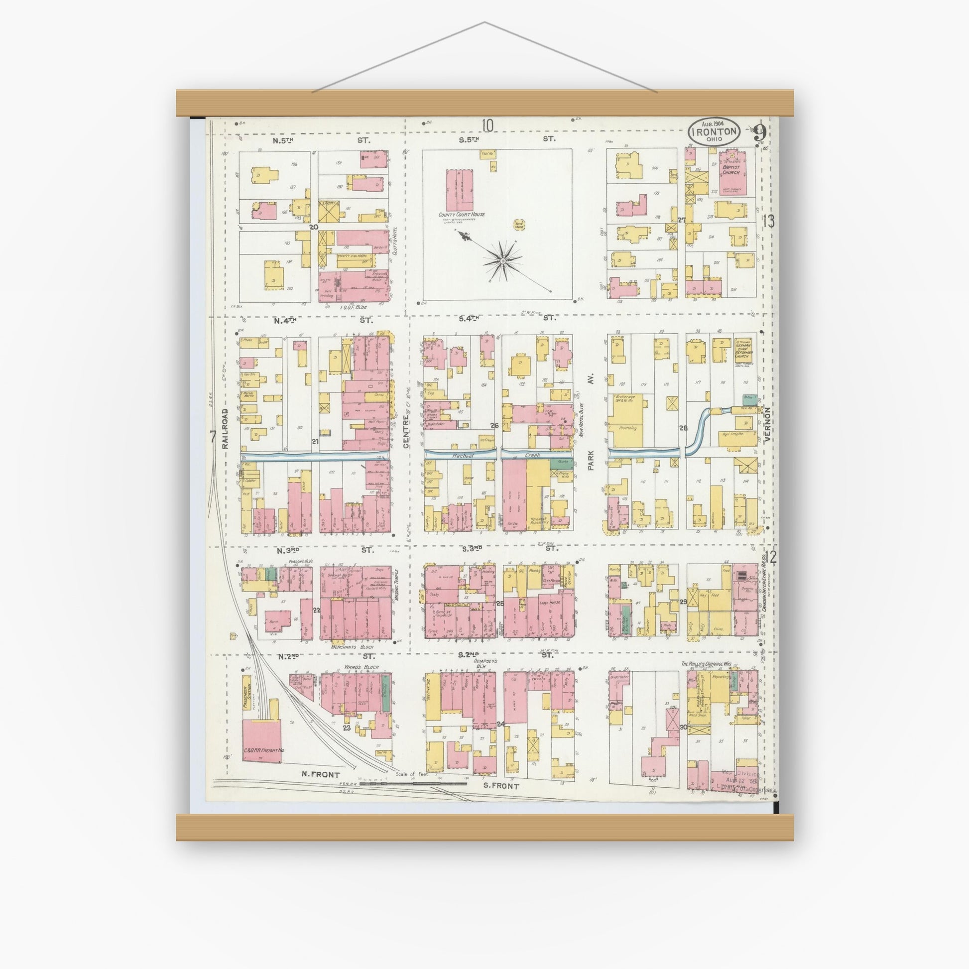 Old map wall art mockup — magnetic wood frame on white wall — Sanborn Fire Insurance Map from Ironton, Lawrence County, Ohio (1904), Sheet #0009