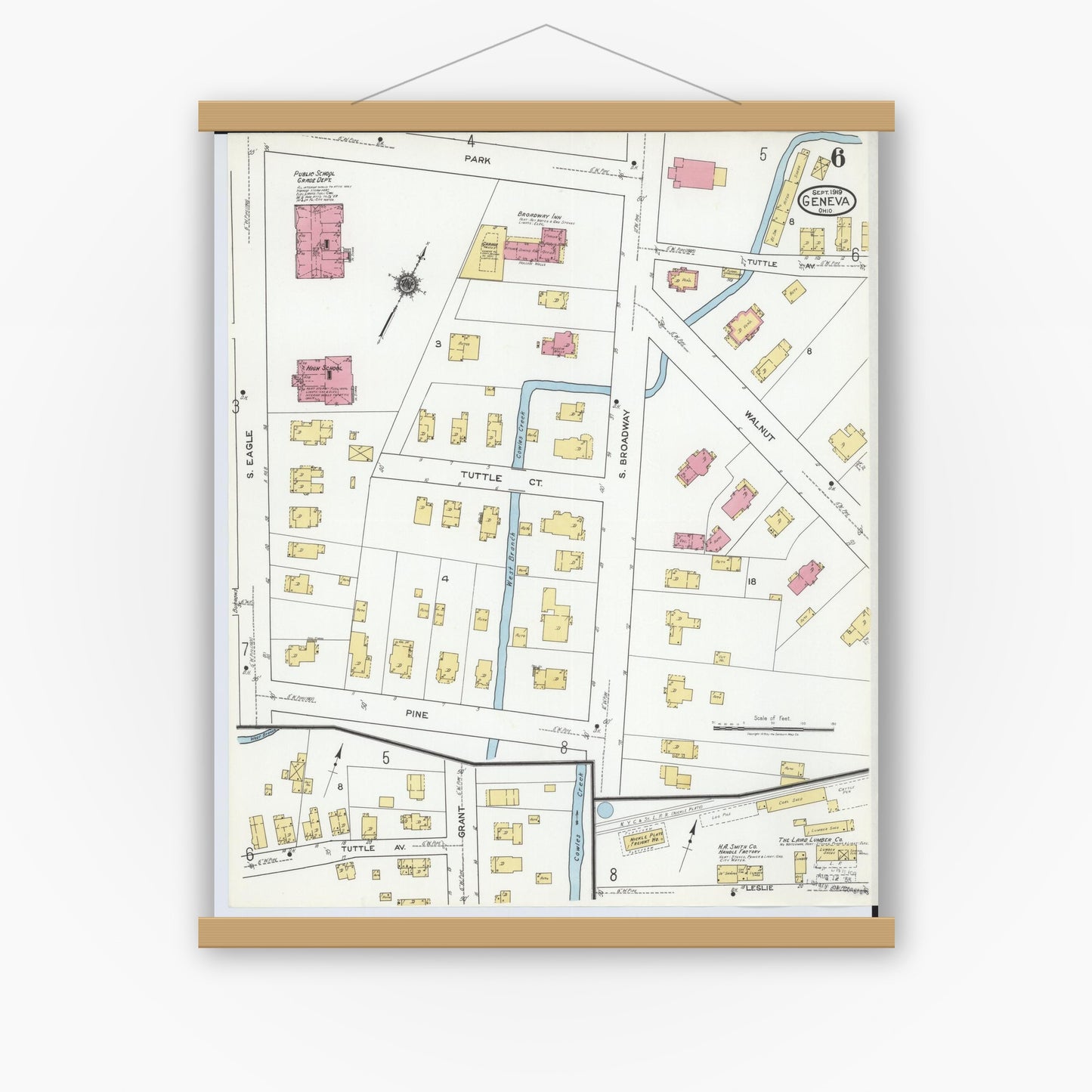 Old map wall art mockup — magnetic wood frame on white wall — Sanborn Fire Insurance Map from Geneva, Ashtabula County, Ohio (1919), Sheet #0006