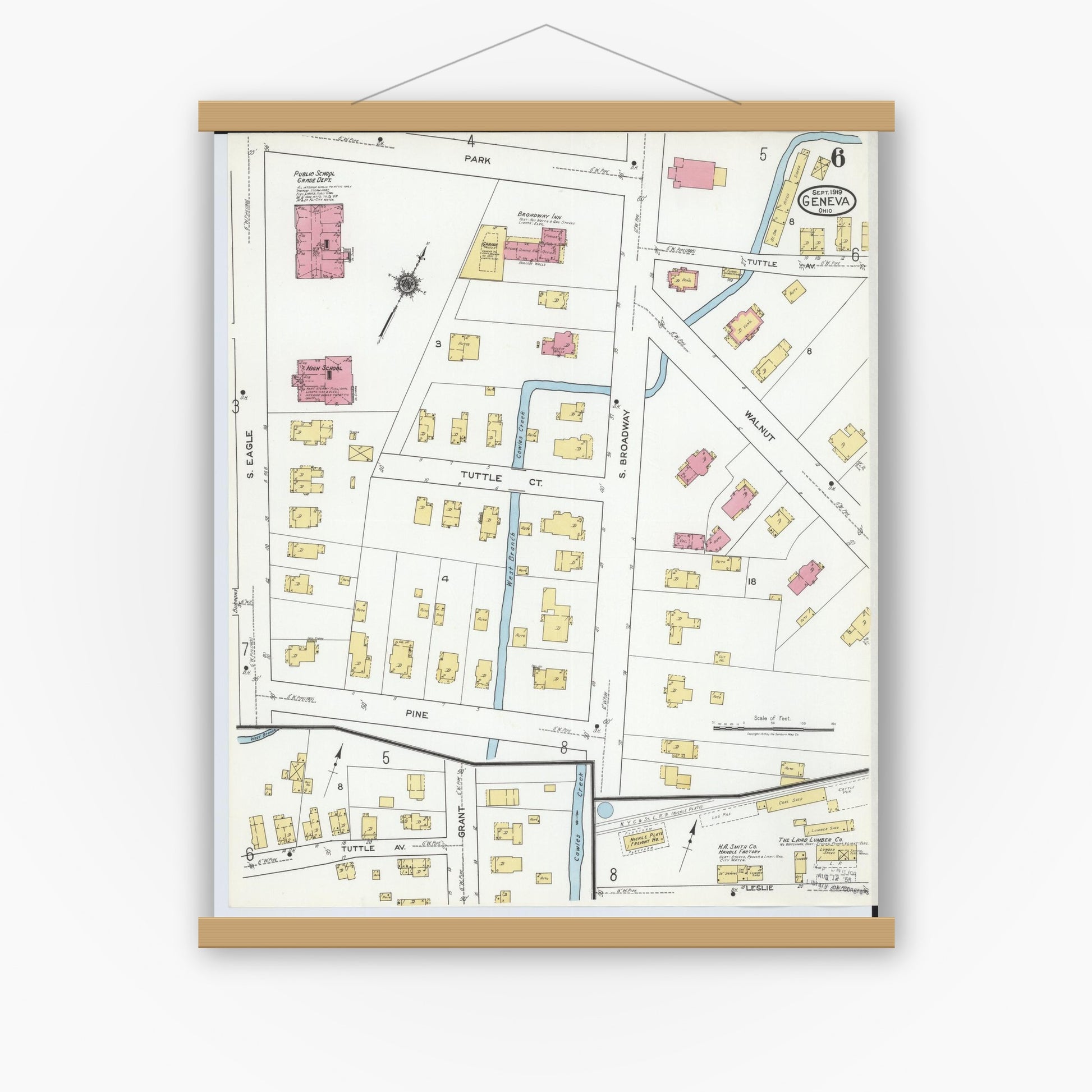 Old map wall art mockup — magnetic wood frame on white wall — Sanborn Fire Insurance Map from Geneva, Ashtabula County, Ohio (1919), Sheet #0006