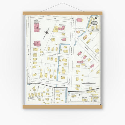 Old map wall art mockup — magnetic wood frame on white wall — Sanborn Fire Insurance Map from Geneva, Ashtabula County, Ohio (1919), Sheet #0006