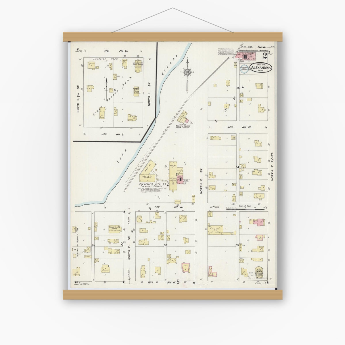 Old map wall art mockup — magnetic wood frame on white wall — Sanborn Fire Insurance Map from Alexandria, Douglas County, Minnesota (1914), Sheet #0002