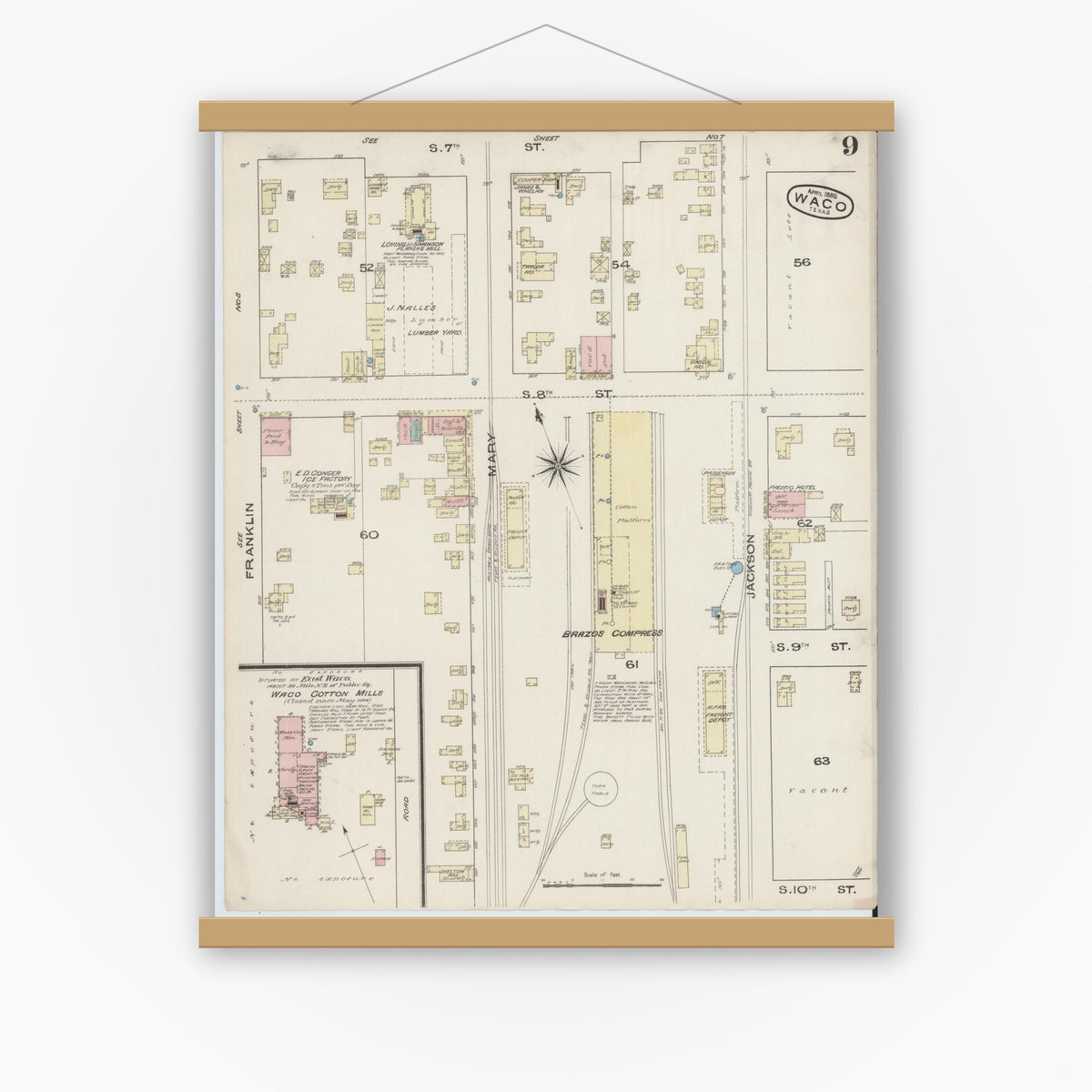 Old map wall art mockup — magnetic wood frame on white wall — Sanborn Fire Insurance Map from Waco, McLennan County, Texas (1885), Sheet #0009